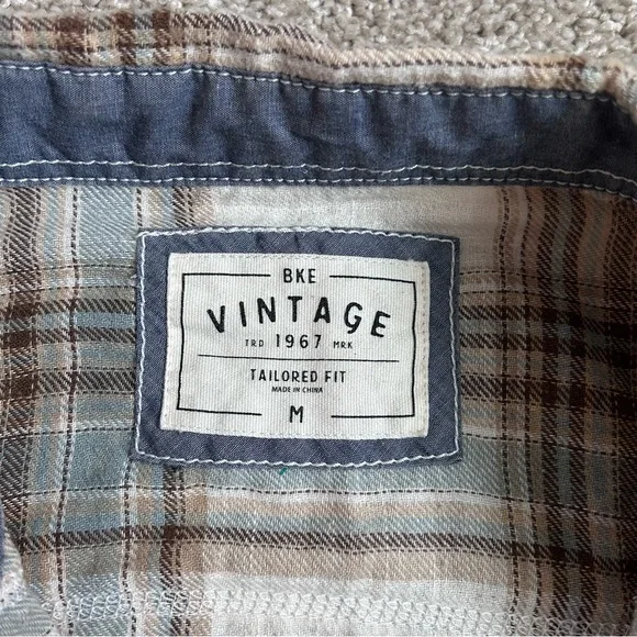 BKE Vintage Tailored Fit Plaid Western Pearl Snap Shirt Mens Medium Cream Blue - Picture 5 of 7